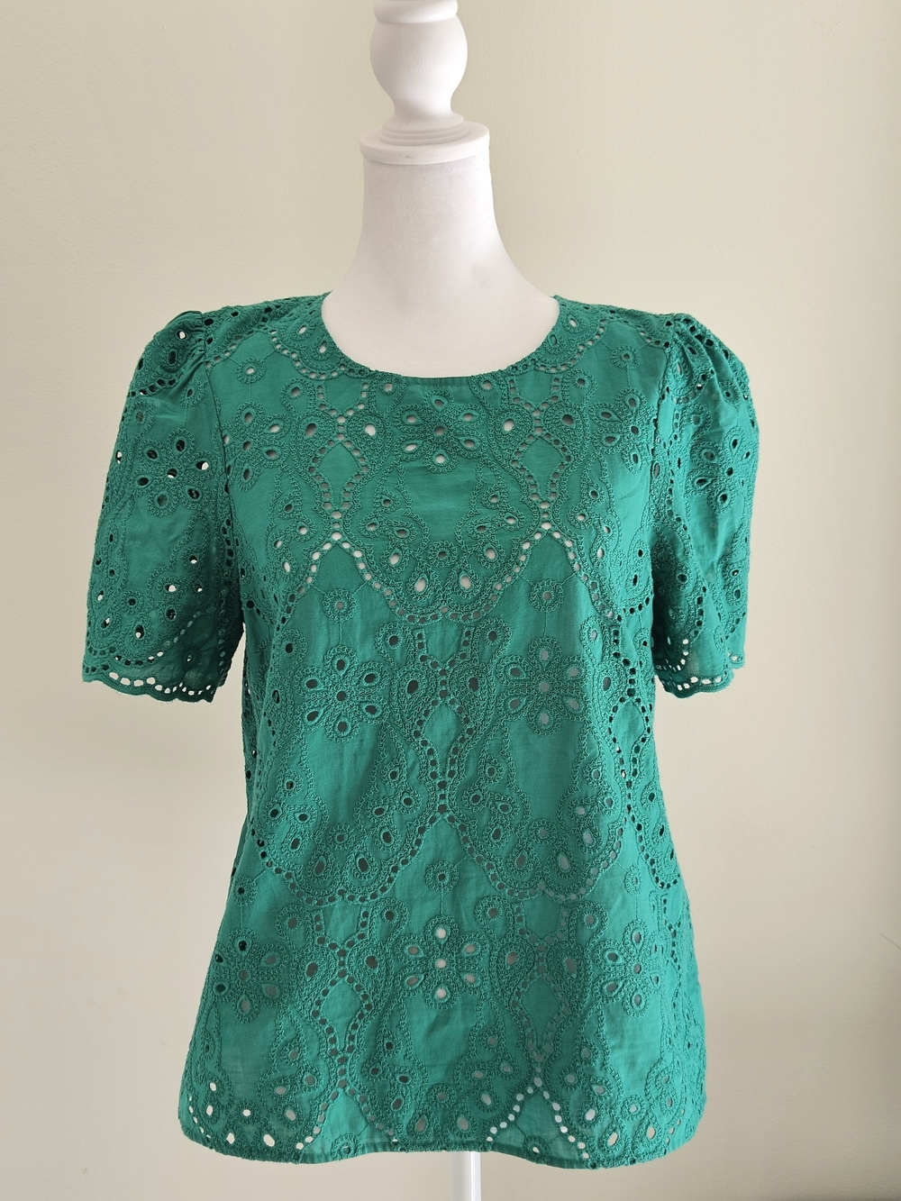 Sezane Emerald Green Eyelet Lace Short Sleeve Blouse
